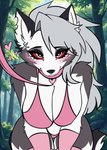 anthro bedroom_eyes big_breasts bikini blush blush_lines breast_squish breasts clothing collar detailed_background eyelashes female forest fur fur_markings gloves grey_hair hair handwear happy heart_eyes heart_symbol leash leashed_collar leashing_viewer leggings legwear long_hair looking_at_viewer markings narrowed_eyes pink_clothing plant pose seducing_viewer seductive sexy_eyes slim smile solo squish swimwear thick_thighs tree two-piece_swimsuit wide_hips james_andromeda helluva_boss mythology loona_(helluva_boss) canid canid_demon canine demon hellhound mammal mythological_canine mythological_creature absurd_res digital_drawing_(artwork) digital_media_(artwork) digital_painting_(artwork) hi_res painting_(artwork) pinup
