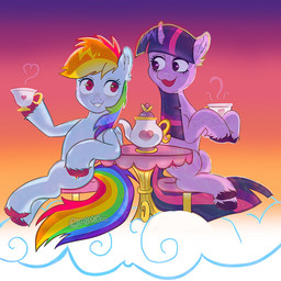 beverage cloud duo eyelashes female female/female feral fetlocks heart_symbol horn long_eyelashes steam sunset tea tea_party teapot wings mistiboo friendship_is_magic hasbro my_little_pony mythology rainbow_dash_(mlp) twilight_sparkle_(mlp) equid equine mammal mythological_creature mythological_equine pegasus unicorn hi_res
