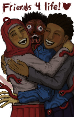 5_fingers black_hair blue_clothing blue_shirt blue_topwear bottomwear brown_body brown_skin clothing cross-eyed eyes_closed female fingers freckled_face freckles grey_clothing grey_shirt grey_topwear group group_hug hair headgear headwear heart_symbol hijab hug hugging_another interspecies_romance long_tongue male messy_hair open_mouth polyamory possession red_bottomwear red_clothing red_headwear red_hijab red_skirt red_text religious_clothing religious_headwear sharp_teeth shirt simple_background skirt smile spoiler sweaty_hands teeth text tongue topwear trio white_background z0mbiemiracle look_outside eugene_(look_outside) nestor_(look_outside) rafta_(look_outside) human humanoid mammal monster monstrous_humanoid clip_studio_paint_(artwork) digital_drawing_(artwork) digital_media_(artwork) english_text hi_res portrait three-quarter_portrait