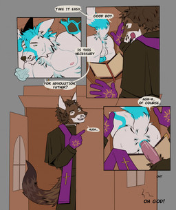 4_panel_comic anal anal_penetration animal_genitalia animal_penis anthro anthro_on_anthro anthro_penetrated anthro_penetrating anthro_penetrating_anthro anus backsack balls blue_body blue_fur blue_penis breath butt canine_genitalia canine_penis christian_cross christian_symbol christogram confession_booth cross dialogue duo fur genitals good_boy grey_background knot knotted_penis licking licking_lips licking_own_lips male male/male male_penetrated male_penetrating male_penetrating_male nipples nude_anthro nude_male penetration penile penile_penetration penis penis_in_ass priest priest_robes rear_view religion religious_symbol sacrilegious sex simple_background stole_(clothing) symbol text tongue tongue_out unprofessional_behavior white_body white_fur cosmostars christianity canid canine canis mammal wolf comic english_text hi_res