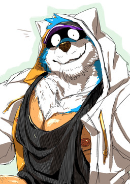black_nose blue_body blue_fur clothing fur grin hat headgear headwear jacket male muscular muscular_male nipples pink_nipples simple_background smile solo split_form topwear white_body white_fur monapic_chang subaru_(monapic_chang) animal_humanoid canid canine canis domestic_dog humanoid mammal 2021 digital_drawing_(artwork) digital_media_(artwork) hi_res