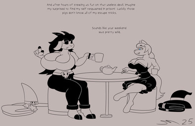 anthro big_breasts breasts clothes_on_floor clothes_on_ground clothing container cup female furniture huge_breasts hyper hyper_breasts inks table tea_cup teapot text dirtymac mac-daddy bovid caprine equid equine goat horse mammal pony absurd_res black_and_white english_text greyscale hi_res line_art monochrome