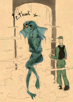 3_eyes 4_arms 4_fingers anthro bodily_fluids clothed clothed_male clothing covering covering_self dialogue duo featureless_chest feet female fin fingers flat_chested flower_mouth gills head_fin ice icicle larger_female male membrane_(anatomy) multi_arm multi_eye multi_limb nude nude_female shaking shivering size_difference smaller_male sweat text toes webbed_feet webbed_hands soulcentinel stargate egeria_(stargate) jack_o'neill alien goa'uld human mammal english_text