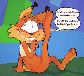 animal_genitalia animal_penis anthro blush bodily_fluids bottomless chest_tuft clothed clothing embarrassed fur genital_fluids genitals looking_at_viewer male nervous nervous_smile nervous_sweat nude orange_body orange_fur paws penis precum precum_spurt shaking shirt shirt_only short_tail solo speech_bubble sweat tail talking_to_viewer text topwear topwear_only tuft salamikii bubsy_(series) bubsy_bobcat domestic_cat felid feline felis mammal english_text hi_res