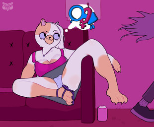 anthro beverage_can big_breasts bob_cut bodily_fluids bottomwear breasts clothing duo female flirting fur furniture genital_fluids leg_on_furniture looking_at_another male panties pink_light shirt skinny skirt slightly_chubby sofa speech_bubble spread_legs spreading tail tank_top topwear underwear vaginal_fluids wet wet_clothing wet_panties wet_underwear white_body white_fur yellow_body yellow_fur yellowracc adventure_time cartoon_network cake_the_cat lord_monochromicorn domestic_cat equid equine felid feline felis horse humanoid mammal hi_res
