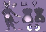 3_toes 5_fingers anthro belly belly_overhang bent_arm big_belly black_body black_eyebrows black_skin black_tail breasts butt closed_smile eyebrows eyelashes featureless_breasts featureless_crotch feet female female_anthro fingers front_view gender_symbol hairless hand_on_hip hand_on_own_hip heart_ear_ring holding_knife holding_object knife looking_at_viewer mouth_closed multicolored_body multicolored_skin navel on_one_leg pink_body pink_inner_ear pink_nose pink_skin pink_tongue pupils purple_background purple_eyes rear_view simple_background small_breasts smile solo standing symbol tail text thick_thighs toes tongue tongue_out two_tone_tail whiskers white_pupils wide_hips beastofeuthanasia lili_(kookapurra) domestic_cat felid feline felis hairless_cat mammal sphynx_(cat) 2018 character_name dated digital_media_(artwork) english_description flat_colors hi_res model_sheet signature
