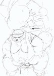 anthro balls belly big_belly duo fingering genitals humanoid_hands kemono male moobs overweight overweight_male penis size_difference takotyutyu lifewonders live_a_hero shoen canid canine mammal raccoon_dog tanuki 2023 absurd_res hi_res monochrome sketch