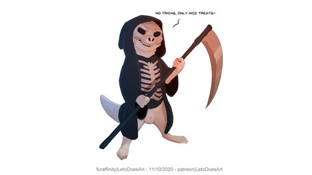 animal_genitalia anthro balls biped bone bone_mask clothing costume fully_sheathed fur genitals halloween_costume holding_object holding_weapon holidays male mask melee_weapon polearm scythe sheath simple_background skull skull_mask solo standing text weapon white_background white_body white_fur letodoesart halloween pebble_(letodoesart) mammal mustelid otter 16:9 2020 dated english_text hi_res widescreen