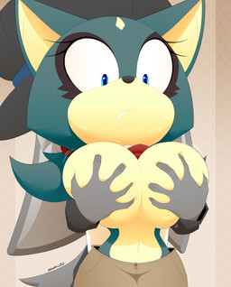 anthro big_breasts breast_fondling breast_grab breast_play breast_squish breasts clothed clothing female fondling grope hand_on_breast huge_breasts kerchief male male/female neckerchief neckwear squish topless topless_female slickehedge evergreen_(redpyrodragon) canid canine canis domestic_dog mammal digital_media_(artwork) hi_res