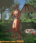 anthro breasts crown female flower forest headgear horn loraria nipples nude plant princess red_body royalty shed solo tail text tree wings custos_lunam mythology patreon dragon mythological_creature mythological_scalie scalie 3d_(artwork) 5:6 absurd_res digital_media_(artwork) hi_res huge_filesize url