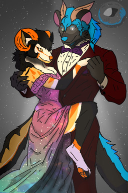 anthro breasts cleavage clothed clothing dancing dress female horn looking_at_another looking_at_partner male orange_eyes red_clothing romantic simple_background cor1998l mythology dex_longtail voodoo_the_wolf canid canid_demon canine demon demon_ferret hellhound mammal mythological_canine mythological_creature