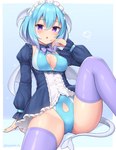 blue_hair breasts cleavage cleavage_cutout clothed clothing cutout dress female hair head_wings maid_headdress not_furry purple_eyes solo unusual_wing_placement wings sand-rain demon humanoid 2021