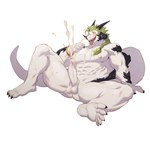 abs anthro balls barefoot bodily_fluids cum cumshot ejaculation erection fangs feet genital_fluids genitals green_hair hair horn humanoid_genitalia humanoid_penis hypnosis kemono long_hair male mind_control muscular muscular_male nipples open_mouth penis sitting solo spread_legs spreading tail teeth tongue tongue_out uken_l mythology dragon mythological_creature mythological_scalie scalie absurd_res hi_res shaded