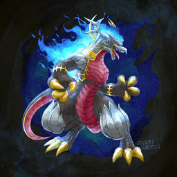 ambiguous_gender armor biped black_background blue_fire claws colored_fire fire flaming_hair open_mouth pseudo_hair red_eyes sharp_teeth simple_background solo standing tail teeth tongue tongue_out year bamboo_short grimms_notes mythology blue_flame_dragon dragon mythological_creature mythological_scalie scalie 1:1 2021 dated full-length_portrait portrait