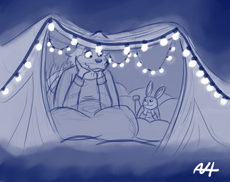 anthro duo eye_contact female fortress hand_on_face larger_male lights looking_at_another male pillow size_difference smaller_female smile tent aleks_howes beastars haru_(beastars) legoshi_(beastars) canid canine canis domestic_rabbit dwarf_rabbit lagomorph leporid mammal oryctolagus rabbit wolf blue_and_white hi_res monochrome