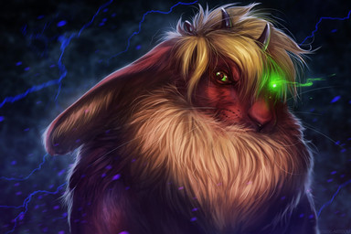 abstract_background ambiguous_gender anthro black_horn black_nose blonde_hair brown_body brown_eyes brown_fur electricity feral fur glowing glowing_eyes green_eyes hair horn lightning long_ears looking_at_viewer male neck_tuft red_body red_fur solo tan_body tan_fur tuft whiskers isvoc cirez hybrid lagomorph leporid mammal rabbit bust_portrait detailed digital_media_(artwork) portrait