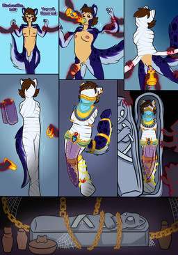accessory blue_body blue_fur bound breasts brown_eyes brown_hair chain clothing decorative_scarab detransition dildo dildo_in_mouth dildo_in_vagina dildo_insertion disembodied_hand egyptian egyptian_clothing entombed female fur gender_transformation genitals hair hair_accessory hairclip humanoid_genitalia humanoid_penis jewelry legs_tied limb_removal long_term_storage male mastectomy_scar mtf_transformation mummification mummy_wrappings nipple_piercing nipples oral oral_penetration penetration penis penis_removal permanent_bondage piercing pottery sarcophagus scar sex_toy sex_toy_in_mouth sex_toy_in_vagina sex_toy_insertion snout solo spider_web spots text transformation vaginal vaginal_penetration veil sandentwins smidges_(sandentwins) animal_humanoid humanoid mammal mammal_humanoid mummy rodent rodent_humanoid sciurid sciurid_humanoid tree_squirrel_humanoid undead comic english_text hi_res trans_(lore) trans_man_(lore)