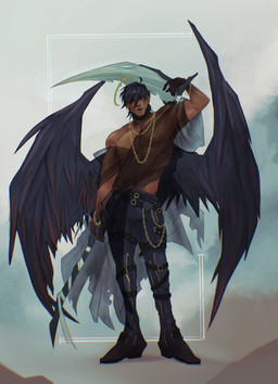 alternative_fashion brown_body brown_skin clothed clothing goth hair halo male not_furry solo topwear wings karina_farek drawfee_(copyright) dai_(karina_farek) angel angel_humanoid humanoid winged_humanoid digital_media_(artwork) hi_res