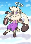 antlers bovid_horn caprine_horn clothing curled_horn eyebrows feathered_wings feathers halo horn overalls purple_eyes ram_horn wings trevor-fox oatnom angel cherub jackalope lagomorph mammal hi_res