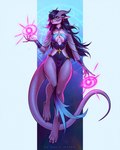 anthro clothed clothing ear_piercing ear_ring eyelashes female front_view hair horn long_hair looking_at_viewer magic_user multicolored_hair narrowed_eyes piercing pink_body pink_hair purple_body purple_hair purple_horn ring_piercing solo text two_tone_hair yellow_eyes marie_merkh mythology dragon mythological_creature mythological_scalie scalie 4:5 artist_name full-length_portrait hi_res portrait