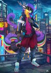 5_fingers anthro bottomwear building city clothing cyberpunk fingers footwear future jacket long_tail male pants plantigrade rooftop shoes skyscraper solo tail topwear plive mythology dragon mythological_creature mythological_scalie scalie wingless_dragon 2023 absurd_res hi_res