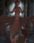 arthropod_webbing big_breasts black_hair breasts chelicerae clothed clothing duo female genitals glowing glowing_eyes hair jackknife_chelicerae long_hair looking_at_viewer navel nipples nude open_mouth ponytail pussy solo_focus standing text tomb angrboda arachnid arachnid_taur arthropod arthropod_taur human mammal spider spider_taur taur 2018 hi_res url