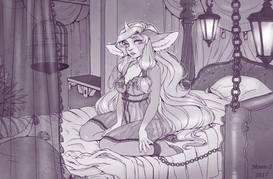 5_fingers anthro clothed clothing detailed_background female fingers hair horn kneeling lamp lantern nipples solo moon-s mythology equid equine mammal mythological_creature mythological_equine unicorn 2017 digital_media_(artwork)