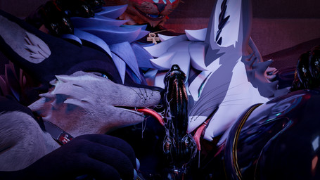 animal_genitalia animal_penis ankh anthro armwear balls black_latex blue_body blue_eyes blue_fur blue_penis bodily_fluids brown_body brown_fur canine_genitalia canine_penis clothed clothing cuffs_(clothing) dominant dominant_anthro dominant_male drone dronesuit drooling drooling_tongue egyptian erection fur genitals glistening glistening_body group hair latex latex_armwear latex_body latex_clothing latex_legwear latex_penis latex_skinsuit legwear licking male male/male multicolored_body multicolored_fur multicolored_hair muscular muscular_male oral penile penis penis_lick red_body red_fur reflection saliva sex sheath skinsuit submissive submissive_anthro submissive_male tight_clothing tongue trio worship ellerisntactive isaacjexo neonkapawn deity jex rexouium 16:9 3d_(artwork) 4k absurd_res digital_media_(artwork) hi_res widescreen