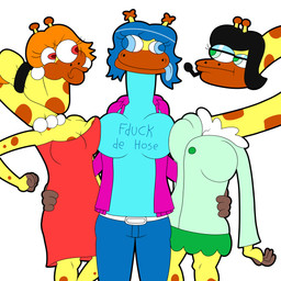 anthro big_breasts blue_tongue breast_squish breasts clothed clothing dress ear_piercing ear_ring female group hair hoodie jewelry necklace piercing ring_piercing scarf squish text text_on_clothing tongue tongue_out topwear trio lewdware doobus_goobus_(copyright) beatrice_(doobus_goobus) brenda_(doobus_goobus) sophie_(doobus_goobus) giraffe giraffid mammal 1:1 2026 absurd_res hi_res