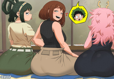 aged_up big_butt bottomwear brown_hair butt clothed clothing dress female female_focus fully_clothed group hair horn human_focus lineup looking_at_viewer looking_back looking_back_at_viewer male not_furry pants pink_body pink_skin rear_view seductive sitting take_your_pick text trio daimusraw my_hero_academia ashido_mina asui_tsuyu izuku_midoriya ochaco_uraraka horned_humanoid human humanoid mammal quirked_human_(my_hero_academia) absurd_res english_text hi_res