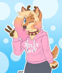 anthro antlers bell bell_collar blue_background bottomwear breasts clothing collar female gesture hair hand_gesture hoodie horn looking_at_viewer one_eye_closed pants pink_clothing pink_hoodie pink_topwear simple_background smile solo tail tongue tongue_out topwear v_sign wink ayvieart deer mammal new_world_deer reindeer 2025 digital_media_(artwork) hi_res trans_(lore) trans_woman_(lore)