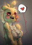 anthro female heart_eyes heart_symbol machine nipples open_mouth red_cheeks smile solo speech_bubble yellow_body tea_patriarch five_nights_at_freddy's five_nights_at_freddy's_2 scottgames toy_chica_(fnaf) animatronic avian bird chicken galliform gallus_(genus) phasianid robot 2023 digital_media_(artwork)