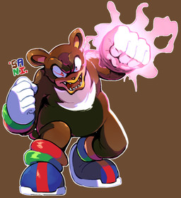 anthro brown_body brown_fur chest_tuft clothing energy fist footwear fur gloves handwear male overweight overweight_male red_eyes sharp_teeth shoes solo standing teeth text tuft sanikink archie_comics sega sonic_the_hedgehog_(archie) sonic_the_hedgehog_(comics) sonic_the_hedgehog_(series) bearenger_the_grizzly_(archie_sonic) bear brown_bear grizzly_bear mammal ursine english_text hi_res signature