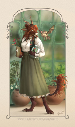 ambiguous_feral ambiguous_gender anthro book brown_hair clothed clothing dress duo fangs feathers female female_anthro feral flying front_view glistening glistening_eyes green_clothing green_dress green_eyes hair holding_book holding_jar holding_object holding_plant membrane_(anatomy) membranous_wings open_mouth plant plant_pot potted_plant slim_anthro slim_female standing tail tail_feathers tail_tuft teeth topwear tuft wavy_hair white_clothing white_topwear wings rufciu mythology dragon mythological_creature mythological_scalie scalie species_request 2026 absurd_res dated hi_res signature