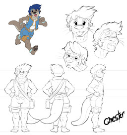 5_toes anthro barefoot blue_bottomwear blue_clothing blue_eyewear blue_goggles blue_hair blue_shorts blue_topwear blue_vest bottomwear brown_body brown_fur brown_pawpads clothing duo eyes_closed eyewear eyewear_on_head feet front_view fur goggles goggles_on_head hair male open_mouth otter_tail pawpads paws plantigrade rear_view running shirt shorts side_view soles standing tail text toes topwear vest pandottermon chester_(pandottermon) mammal mustelid otter character_name hi_res model_sheet