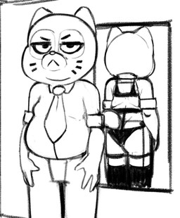 4_fingers anthro belly big_belly big_butt big_eyes biped bottomwear bra butt closed_frown clothed clothed_anthro clothed_male clothing crossdressing eye_markings eyebrows facial_markings fingers frown fully_clothed fully_clothed_anthro fully_clothed_male garter_belt garter_straps hands_on_legs hands_on_own_legs hands_on_own_thighs hands_on_thighs head_markings humanoid_hands iris legs_together legwear lingerie male markings mature_anthro mature_male mirror mirror_reflection mouth_closed necktie no_pupils overweight overweight_anthro overweight_male panties pants pointy_ears prick_ears reflection resting_bitch_face rolled_up_sleeves shirt snout solo standing straight_legs tail thigh_highs three-quarter_view topwear underwear whisker_markings zambs cartoon_network the_amazing_world_of_gumball daniel_senicourt domestic_cat felid feline felis mammal 2026 black_and_white digital_drawing_(artwork) digital_media_(artwork) hi_res meme monochrome