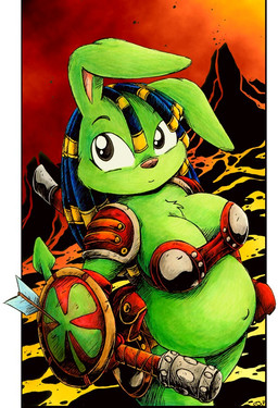 anthro armor arrow_(weapon) belt_pouch big_breasts breasts clothed clothing dreadlocks female fur gloves green_body green_fur handwear lava mace melee_weapon navel overweight overweight_anthro overweight_female ranged_weapon shield slightly_chubby solo tail unconvincing_armor volcano warrior weapon drake_fenwick lagomorph leporid mammal rabbit