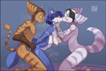 anthro arm_grab big_breasts blue_body blue_fur blush bound breasts clothing dominant dominant_female dominant_male ear_piercing eyes_closed eyewear female female/female female_penetrated french_kissing from_behind_position fur gloves goggles green_eyes grin group group_sex handwear kissing male male/female male_penetrating male_penetrating_female nude nude_anthro penetration piercing robotic_arm sex small_breasts smile striped_body stripes threesome trio vaginal vaginal_penetration nezumickey nintendo ratchet_and_clank sony_corporation sony_interactive_entertainment star_fox krystal_(star_fox) ratchet_(ratchet_and_clank) rivet_(ratchet_and_clank) canid canine fox lombax mammal 3:2 crossover hi_res