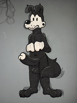 anthro ball_tuft balls barefoot big_balls big_penis black_body black_fur black_nose clothing erection feet fingers fur genitals gloves handwear male male/male paws penis shy solo toes toony tuft white_face eddymurray bendy_and_the_ink_machine boris_the_friendly_wolf canid canine canis mammal wolf white absurd_res hi_res