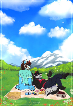 anthro barefoot basket bedding beverage blanket clothing container duo feet food footwear male male/male mountain picnic picnic_basket picnic_blanket ring_(jewelry) sandwich_(food) shoes sky spring_(season) mrdarknesswolf gatorade dantalos mrdarknesswolf_(character) canid canine canis demon hybrid mammal wolf absurd_res hi_res wallpaper