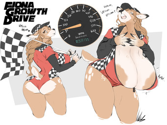 anthro areola areola_slip baseball_cap big_breasts big_butt braided_hair breast_expansion breasts brown_eyes brown_hair buckteeth butt checkered checkered_flag cleavage clothed clothing dialogue expansion eyelashes female front_view fur growth_drive hair hat headgear headwear horizontal_pupils huge_breasts hyper hyper_breasts jumpsuit leotard looking_at_viewer looking_back looking_back_at_viewer open_mouth pupils rear_view short_tail smile solo speedometer tail tan_areola tan_body tan_fur teeth text wearing_hat dullvivid fiona_fawnbags_(dullvivid) deer mammal english_text hi_res