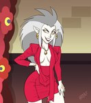 bracelet breasts cleavage clothed clothing dress ear_piercing female grey_hair hair hand_on_hip humanoid_pointy_ears inner_boob jewelry mature_female necklace not_furry piercing pointy_ears red_clothing red_dress ring solo yellow_eyes hatebit disney the_owl_house eda_clawthorne humanoid mammal witch_(the_owl_house) 2020 hi_res