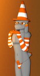 anthro armwear bottomwear clothing elbow_gloves floppy_ears fur g-string genitals glans gloves grey_body grey_fur hair handwear hat headgear headwear ineffective_clothing male mostly_nude orange_armwear orange_clothing orange_elbow_gloves orange_eyes orange_glans orange_gloves orange_handwear orange_panties orange_underwear panties pattern_armwear pattern_bottomwear pattern_clothing pattern_elbow_gloves pattern_gloves pattern_handwear pattern_panties pattern_underwear penis penis_poking_out solo striped_armwear striped_bottomwear striped_clothing striped_elbow_gloves striped_gloves striped_handwear striped_panties striped_underwear stripes tail traffic_cone underwear conditional_dnp gusta meme_clothing gusta_(gusta) bovid caprine goat mammal hi_res meme