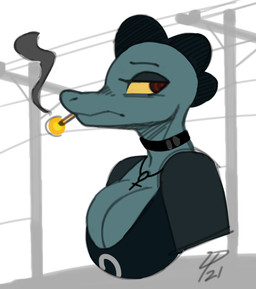 alternative_fashion anthro breasts choker cigarette cleavage clothed clothing female goth jewelry necklace non-mammal_breasts outside smoking solo utility_pole dpronin night_in_the_woods bea_santello crocodile crocodilian reptile scalie signature