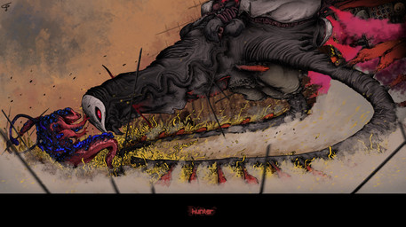 action_pose ambiguous_gender black_body duo holding_melee_weapon holding_object holding_weapon looking_at_another mask melee_weapon pose red_body red_eyes red_text tail text vein weapon cohavmuzar rain_world videocult hunter_(rain_world) slugcat vulture_(rain_world) 2025 english_text hi_res