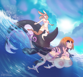 anthro big_breasts breasts duo female genitals hair huge_breasts long_hair looking_back riding sea split_form text vulva water wave womb_tattoo strawberrytfs aquatic cetacean dolphin humanoid_taur lagomorph leporid mammal merfolk oceanic_dolphin orca rabbit taur toothed_whale artist_name shaded