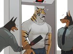 airport_security anthro beep belt body_search bottomwear clothed clothing earpiece group looking_at_another looking_up male metal_detector muscular muscular_anthro muscular_male necktie pants pecs scanner security security_guard security_uniform shirt surprise surprised_expression surprised_face topwear k0bit0wani canid canine canis dobermann domestic_dog felid mammal pantherine pinscher tiger 4:3 hi_res