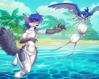 4_toes 5_fingers ambiguous_gender anthro areola barefoot beach beak bikini bikini_bottom bikini_bottom_only bikini_top bikini_top_removed biped blue_body blue_feathers blue_hair blue_tail blue_wings blush breasts claws clothed clothed_anthro clothed_female clothing cloud countershade_fur countershade_torso countershading covering covering_breasts covering_self day digitigrade duo feathered_wings feathers feet female feral finger_claws fingers flying fur grey_body grey_fur grey_tail hair open_mouth outside palm_tree partially_clothed partially_clothed_anthro partially_clothed_female paws plant sand scuted_arms scutes sea sky smile swimwear tail teeth toe_claws toes tongue topless topless_anthro topless_female tree two-piece_swimsuit water white_body white_feathers white_tail white_wings wings yellow_eyes imanika gabriel_serealia north_(gabriel_serealia) avian bird enfield 2025 digital_drawing_(artwork) digital_media_(artwork) male_(lore)