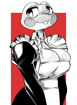 anthro big_breasts black_clothing bow_ribbon breasts bulging_breasts cleavage clothed clothed_anthro clothed_female clothing eyelashes female female_anthro front_view geometric_background maid_uniform non-mammal_breasts simple_background solo three-quarter_view tongue tongue_out uniform white_clothing conditional_dnp noirchaton4 amphibian frog 2025 digital_drawing_(artwork) digital_media_(artwork) half-length_portrait portrait