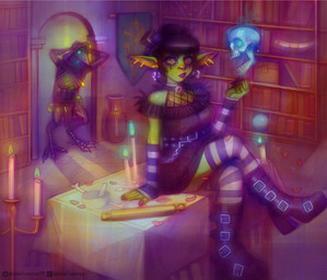 alternative_fashion anthro arm_warmers armwear beak bone boots candle claws clothing duo ear_piercing female footwear frown frowning_at_viewer furniture glowing goth gothic_lolita green_body hair hair_bun hand_on_head hat headgear headwear j-fashion legwear lolita_(fashion) male male/female not_furry on_table orb piercing shocked shoes shortstack sitting sitting_on_table skeleton skull stockings table thigh_highs yellow_eyes kadalsaurus dungeons_and_dragons hasbro wizards_of_the_coast bones_(seventhprime) nezzah_(the7thprimarch) avian goblin humanoid kenku lich undead absurd_res hi_res